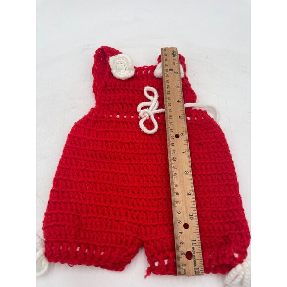 Handmade Red & White Crochet Baby Overalls With Decorative Bow & Button Detail - Picture 3 of 4
